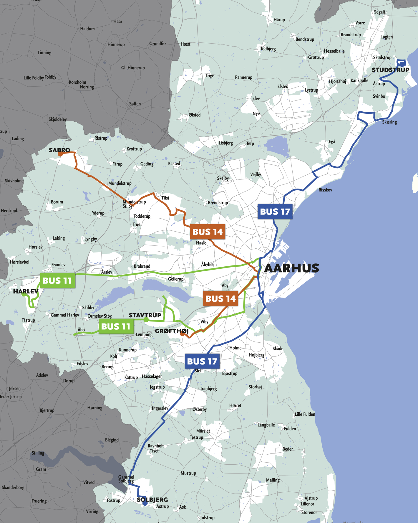 Kort over buslinjer med 15 kroners billetten