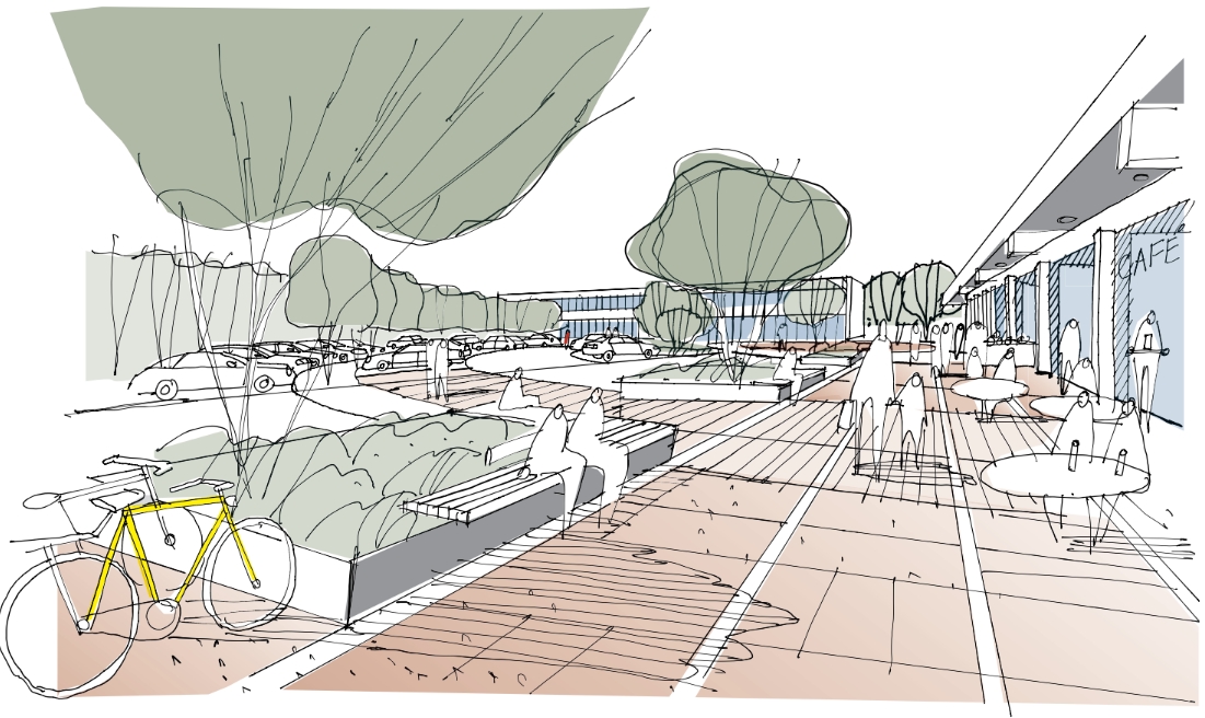 Idéskitse – Bydesign, Aarhus Kommune. Rambla og parkering med grønt.