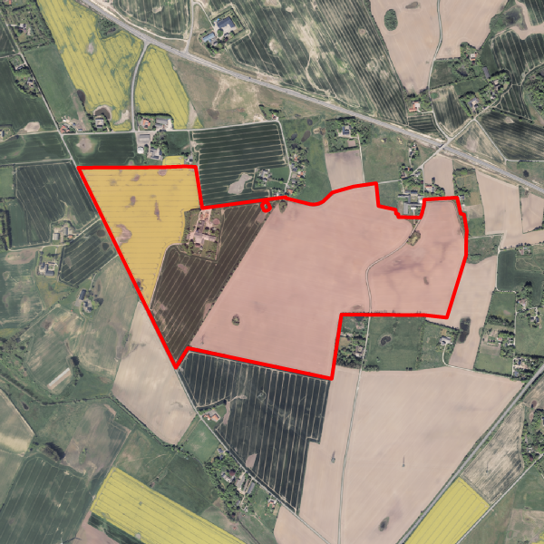 Rød markering på luftfoto, der viser projektarealet ved Hovvejen
