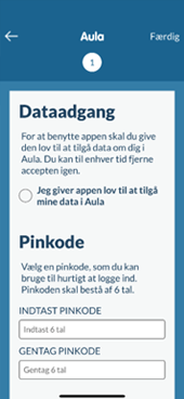 Er det første gang, du  logger ind skal du sige ja til  brug af data og oprette en  pinkode