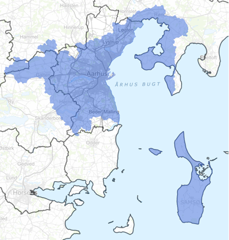 Den lokale trepart Aarhus Bugt med blåt dækker geografisk hovedvandopland Aarhus Bugt, hvor Aarhus, Syddjurs, Samsø, Skanderborg, Silkeborg, Odder og Favrskov Kommune har arealer