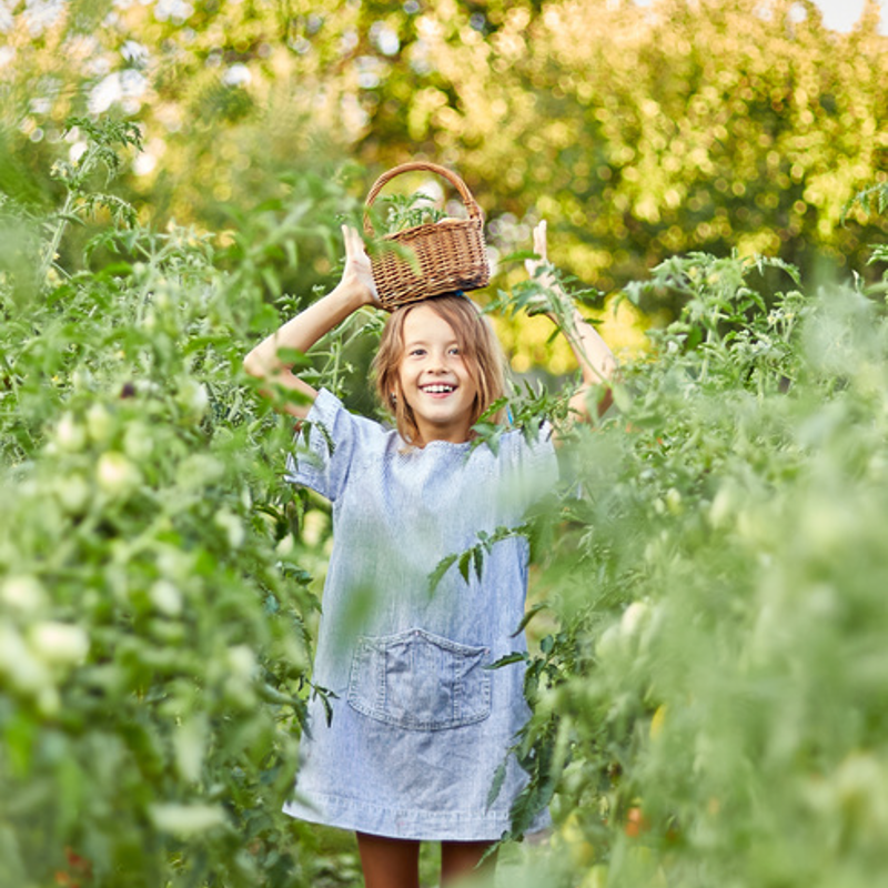 Pige med en kurv med grønsager på hovedet