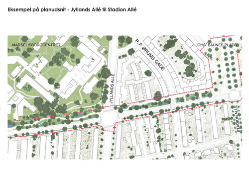 Med vejen placeret mod syd i afstand rækkehuse, boligblokke og villaer er der plads til et blå-grønt parkstrøg på den nordlige side af boulevarden, som er solsiden.